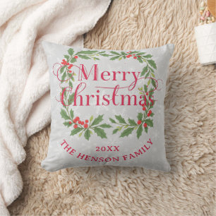 Eleganter Weihnachtskränz mit Stechpalme Frohe Wei Kissen