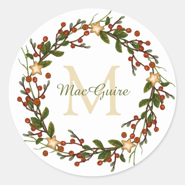 Eleganter Weihnachtskranz Monogramm Initiale Klass Runder Aufkleber (Vorderseite)