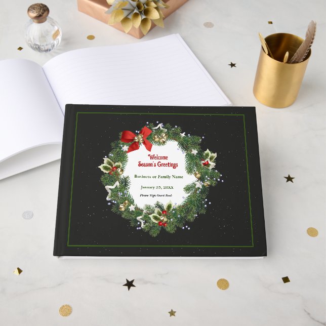 Eleganter Weihnachtskranz personalisieren Gästebuch (Vorderseite Offen)