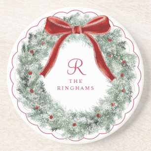 Eleganter Weihnachtsroter Bogen Kranz Monogramm Getränkeuntersetzer