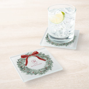 Eleganter Weihnachtsroter Bogen Kranz Monogramm Glasuntersetzer