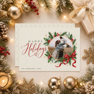 Eleganter Weihnachtsroter Schleifen Kranz Foto Feiertagskarte