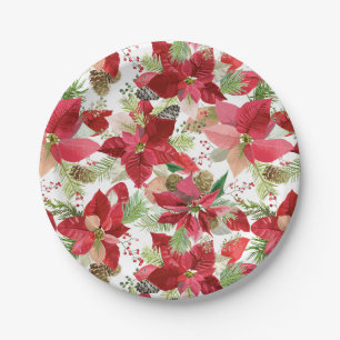 Eleganter Weihnachtsurlaub Poinsettia Pine Cone Pappteller