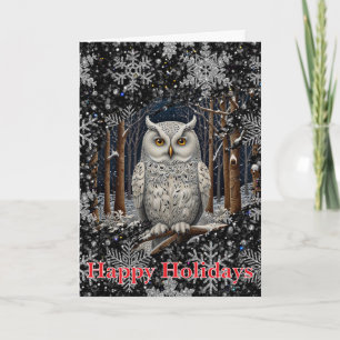 Eleganter Weihnachtsweißer Waldkauz Winterwald Karte