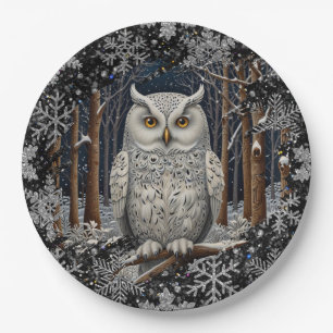 Eleganter Weihnachtsweißer Waldkauz Winterwald Pappteller