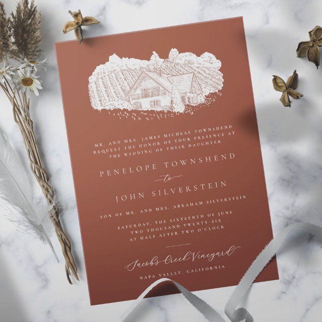 Eleganter Weingarten Zeichnend Orangefarbene feier Einladung (Burnt orange formal wedding invitation with an illustration of a vineyard)
