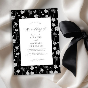 Eleganter weißer Blumen-Garten schwarze Hochzeit Einladung