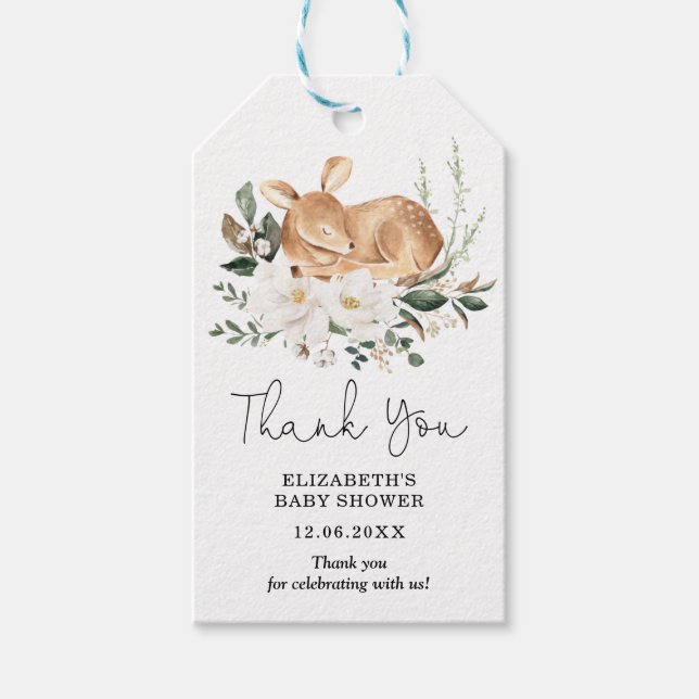 Eleganter weißer Blumenwald Deer Baby Geschenkanhänger (Vorderseite)