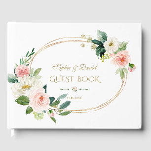 Eleganter weißer Blush-Blütengoldrahmen Hochzeit Gästebuch