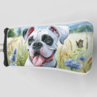 Eleganter weißer Boxerhund im blühenden Feld