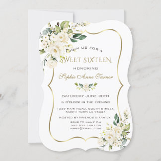 Eleganter weißer Elfenbeinblütengoldrahmen Sweet 1 Einladung