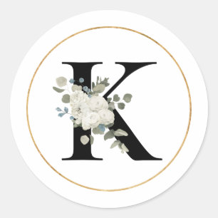 Eleganter weißer Floral Monogramm Letter K auf We Runder Aufkleber