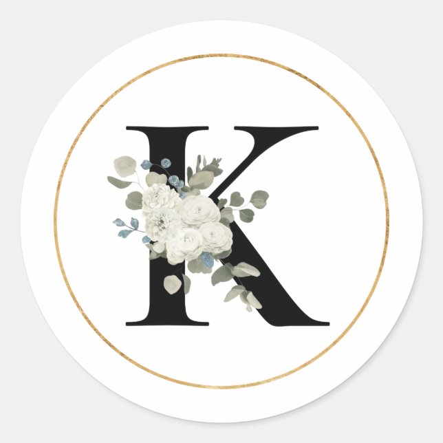 Eleganter weißer Floral Monogramm Letter K auf Wei Runder Aufkleber (Vorderseite)