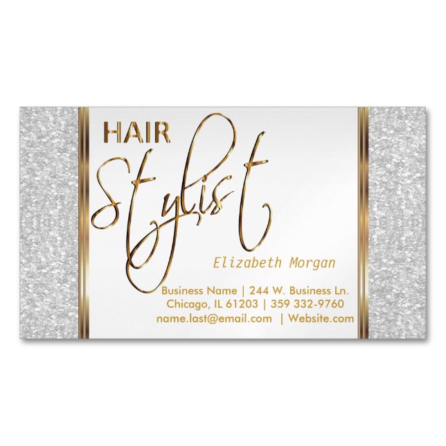 Eleganter weißer Glitzer und Gold - Haar-Stylist Magnetische Visitenkarte (Vorderseite)