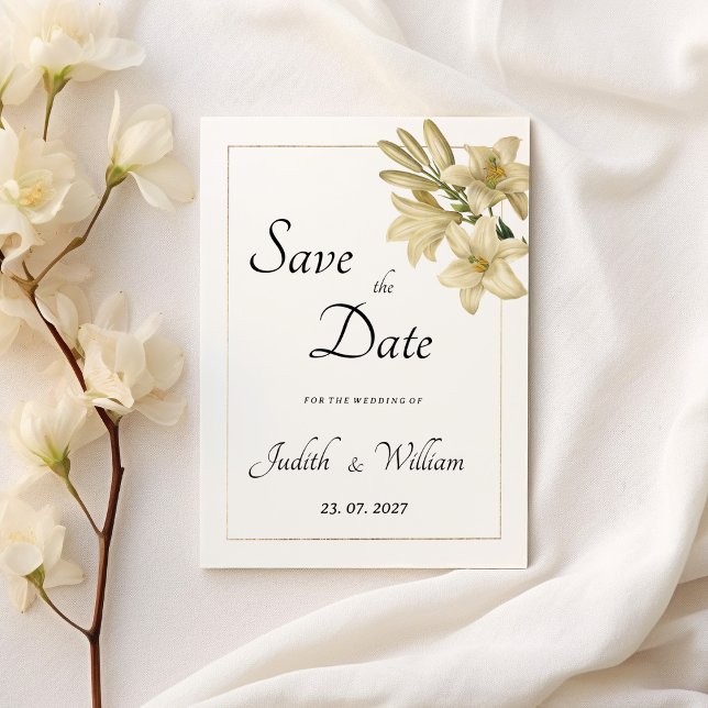 Eleganter, weißer Goldblütenlilie Save the Date Einladung (Elegant boho white gold floral lily Save the Date)