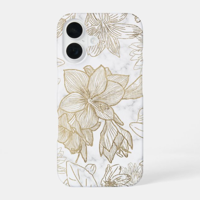 Eleganter, weißer Goldmarmor mit Blumen iPhone 16 Hülle (Rückseite)