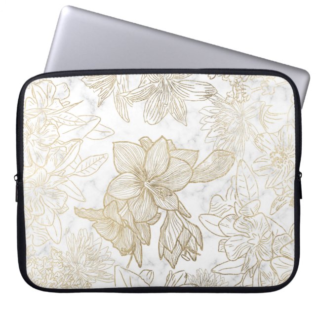 Eleganter, weißer Goldmarmor mit Blumen Laptopschutzhülle (Vorderseite)