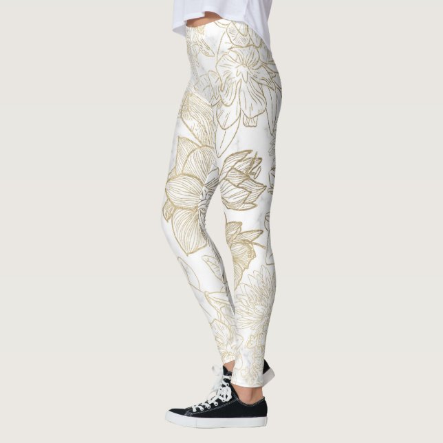 Eleganter, weißer Goldmarmor mit Blumen Leggings (Links)