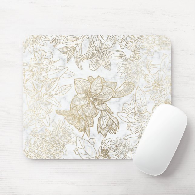 Eleganter, weißer Goldmarmor mit Blumen Mousepad (Mit Mouse)