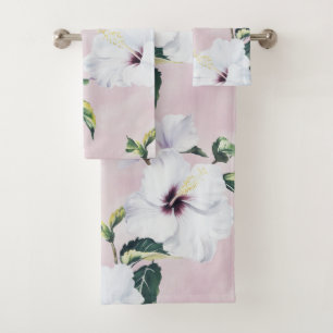 Eleganter weißer Hibiskus auf weichrosa Hintergrun Badhandtuch Set