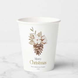 Eleganter weißer Hintergrund Baumwolle & Pinecone Pappbecher