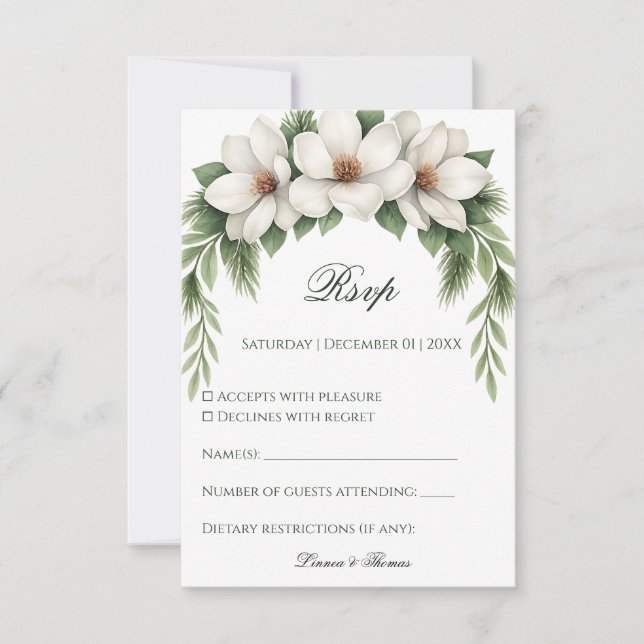 Eleganter weißer Magnolia-Kiefernwald RSVP Karte (Vorderseite)
