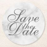 Eleganter weißer Marmor Hochzeit speichern Sie das Runder Pappuntersetzer<br><div class="desc">Elegantes Design mit dem Titel "Save the Date" in grauem,  elegantem Schriftart auf weißem Marmorboden.</div>