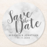 Eleganter weißer Marmor Hochzeit speichern Sie das Runder Pappuntersetzer<br><div class="desc">Hochzeit Speichern Sie das Date Paper Untersetzer enthält Titel "Save the Date" in grau modernen Skript-Schriftart mit Namen und Datum in modernen serifenlosen Schriftart auf weißem Marmor Hintergrund.</div>