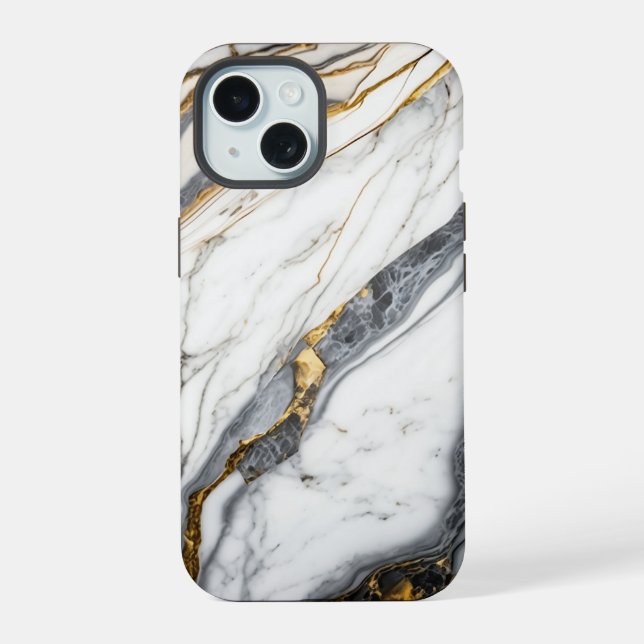 Eleganter weißer Marmor iPhone 15 Hülle (Rückseite)