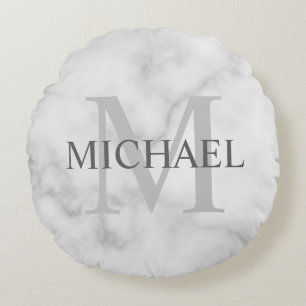 Eleganter weißer Marmor personalisiertes Monogramm Rundes Kissen