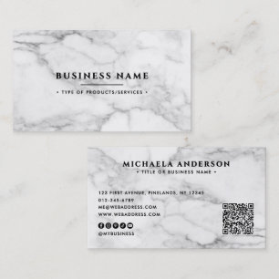 Eleganter weißer Marmor-QR-Code und Socials Visitenkarte