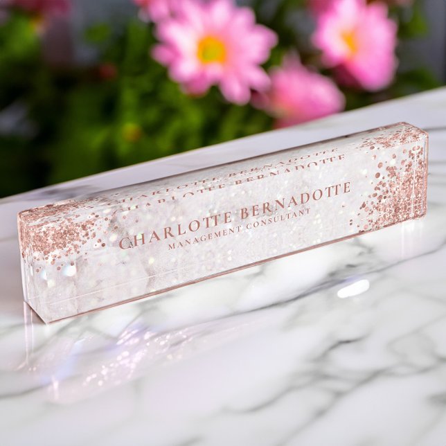 Eleganter Weißer Marmor Sparkle Rose Gold Glitzer Namensplakette (Elegant White Marble Sparkle Rose Gold Glitter Desk Name Plate)