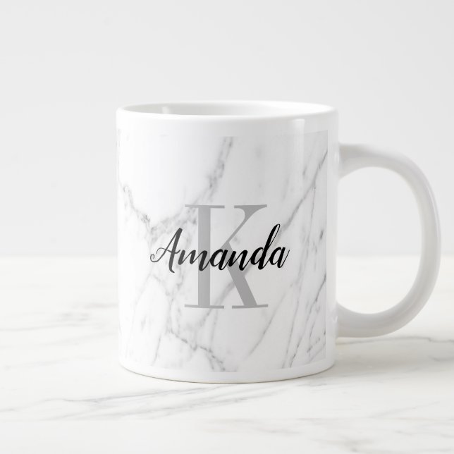 Eleganter weißer Marmorstein Monogramm groß Jumbo-Tasse (Rechts)
