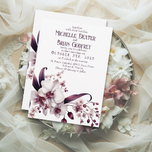 Eleganter weißer Orchid & Plum Hochzeit Einladung