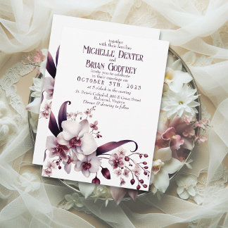 Eleganter weißer Orchid & Plum Hochzeit Einladung