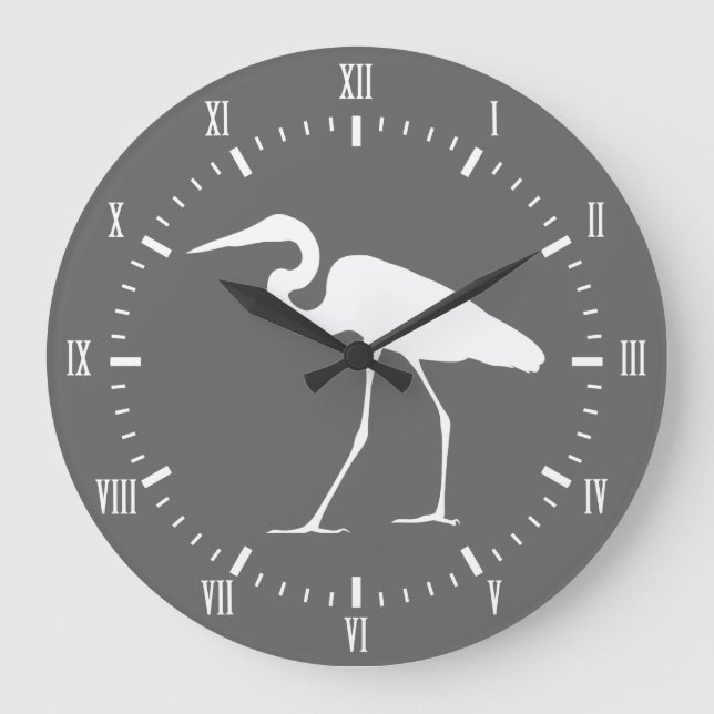 Eleganter weißer Reiher-Küstenvogel u. Grau Große Wanduhr (Vorderseite)