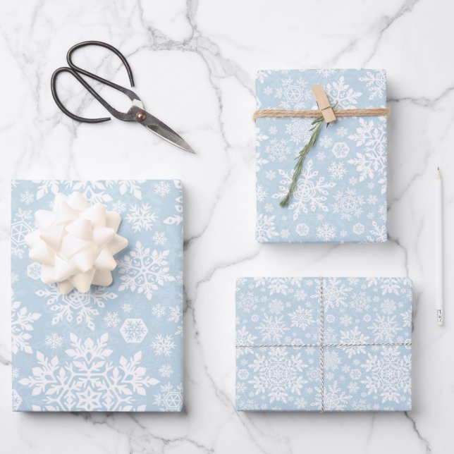 Eleganter weißer Schneeflocke (Frostblau) Geschenkpapier Set (Vorderseite)
