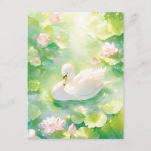 Eleganter Weißer Schwan im leuchtenden Lotus-Teich Postkarte