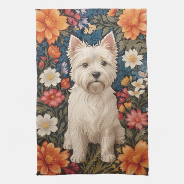Eleganter West Highland Terrier Farbige Blumenmust Geschirrtuch (Vertikal)