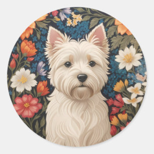 Eleganter West Highland Terrier Farbige Blumenmust Runder Aufkleber