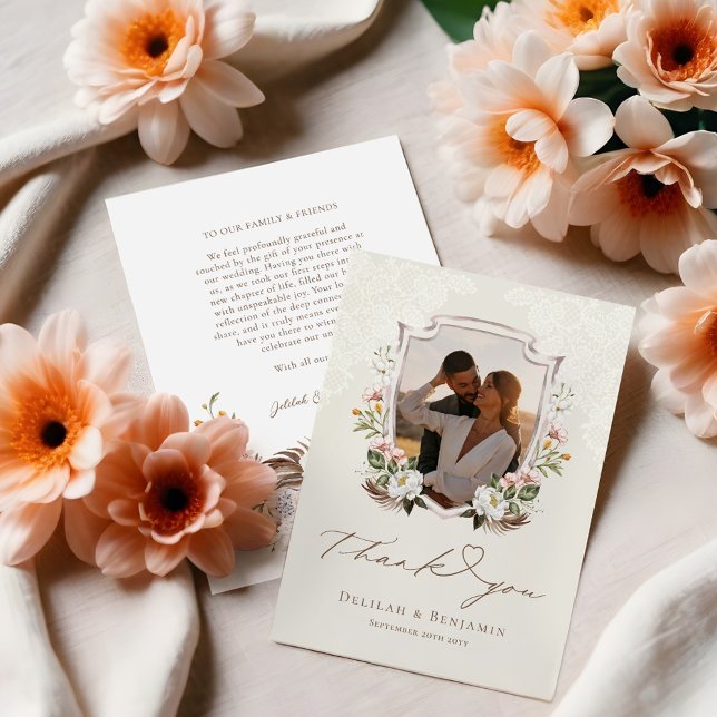 Eleganter Western Cowboy Floral Wappen Foto Script Dankeskarte (Elegant Western Cowboy Floral Crest Photo Script Thank You Card (Front & Back))