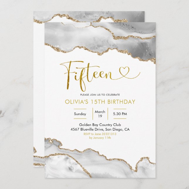 Eleganter White and Gold Agate Fünfzehn Geburtstag Einladung (Vorne/Hinten)
