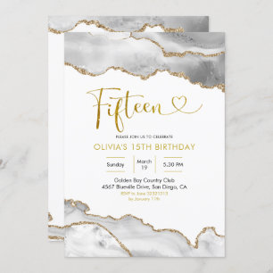 Eleganter White and Gold Agate Fünfzehn Geburtstag Einladung