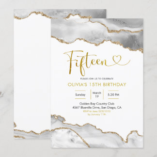 Eleganter White and Gold Agate Fünfzehn Geburtstag Einladung