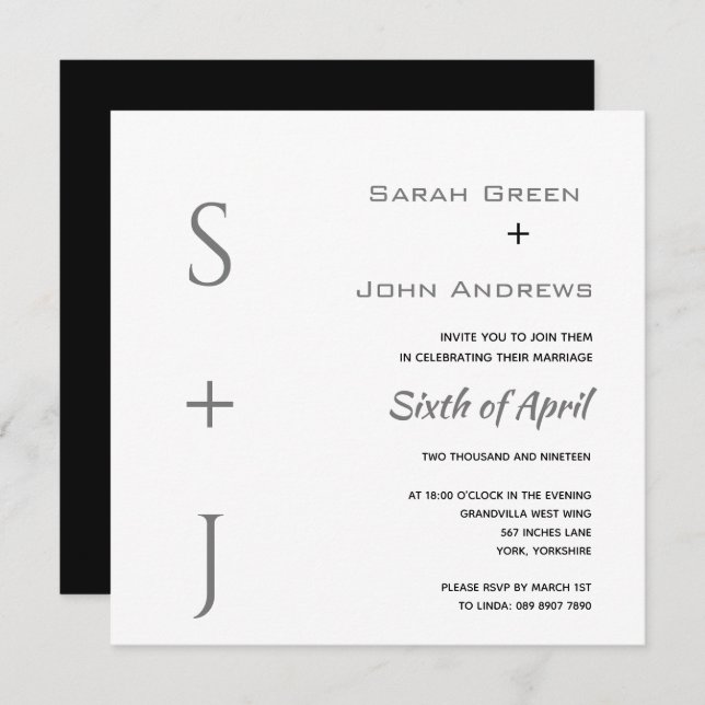 Eleganter White Black Gray Wedding Square Einladung (Vorne/Hinten)