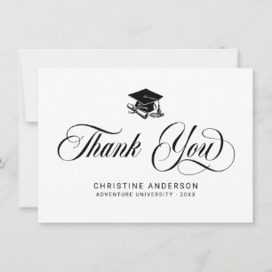 Eleganter White Black Script Grad Cap Abschluss Dankeskarte