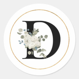 Eleganter White Floral Monogram Letter D auf Weiß Runder Aufkleber