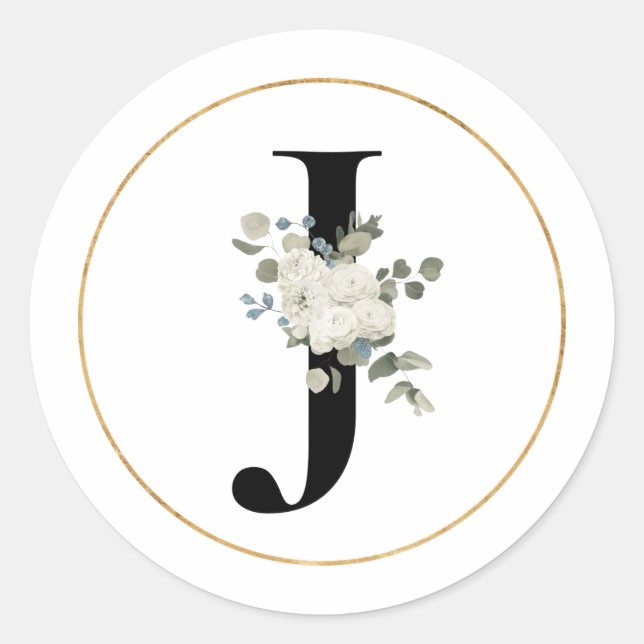 Eleganter White Floral Monogram Letter J auf Weiß Runder Aufkleber (Vorderseite)
