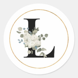 Eleganter White Floral Monogram Letter L auf Weiß Runder Aufkleber