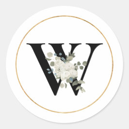 Eleganter White Floral Monogram Letter W auf Weiß Runder Aufkleber